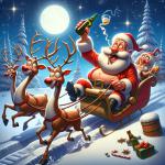 DALL·E 2023-12-24 10.03.56 - A humorous scene of Santa Claus, slightly inebriated, driving his reindeer sleigh in a zigzag pattern. Santa is holding a beer in one hand, and the re.png